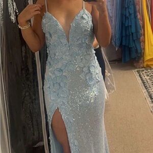 Blue Embellished Slit Gown for Prom